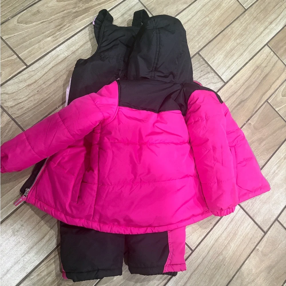 Girls Pink and Black Winter Snow Jacket + Bib Pants size 4 Good Condition